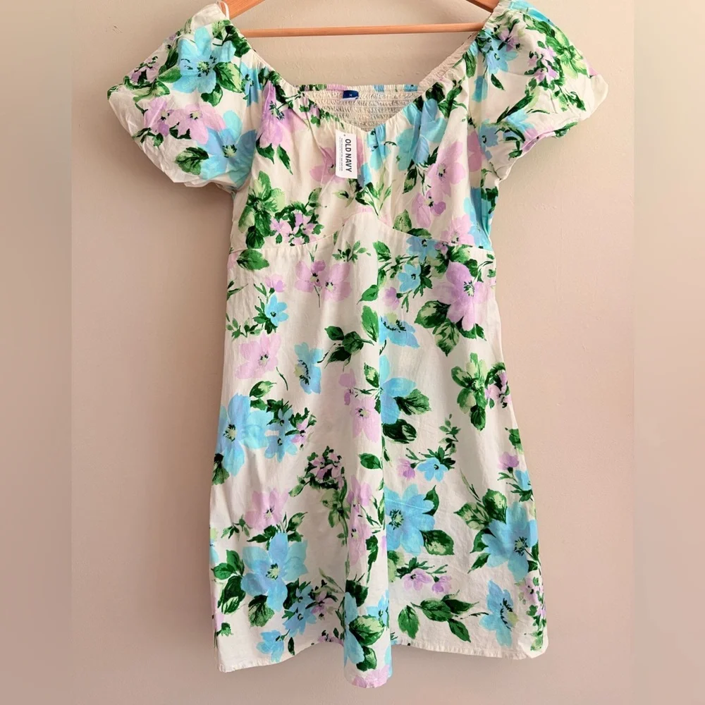 NWT Old‎ Navy Womens Ivory Green Purple Floral Puff Sleeve Mini Dress MEDIUM - Picture 3 of 14